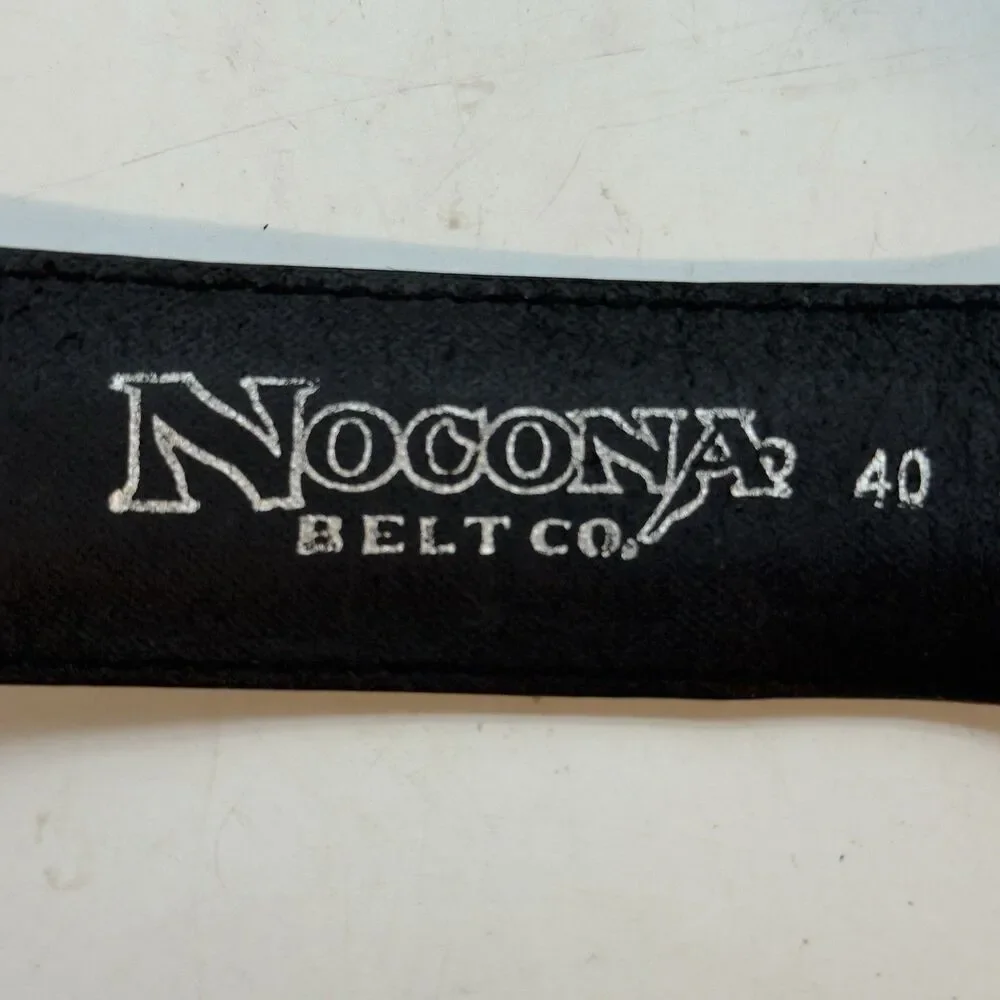 Nocona Black Leather Western Belt Men 40 Engraved Buckle Double Keeper Metal Tip